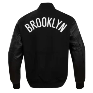 Brooklyn Nets Classic Rib Full Black Varsity Wool Jacket 3