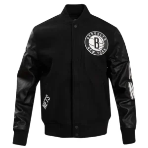 Brooklyn Nets Classic Rib Full Black Varsity Wool Jacket
