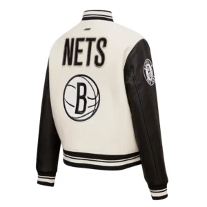 Brooklyn Nets Retro Classic Rib Cream Wool Varsity Jacket 3
