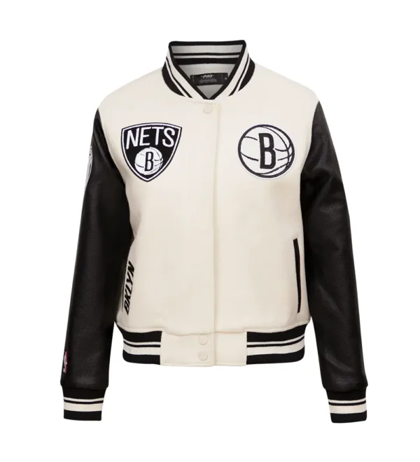 Brooklyn Nets Retro Classic Rib Cream Wool Varsity Jacket