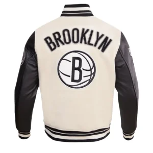 Brooklyn Nets Retro Classic Wool and Leather Cream Varsity Jacket 3