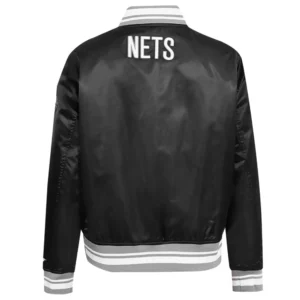 Brooklyn Nets Script Tail Black Satin Varsity Jacket 3