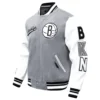 Brooklyn Nets Script Tail Grey and White Wool Varsity Jacket 1