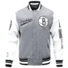 Brooklyn Nets Script Tail Grey and White Wool Varsity Jacket