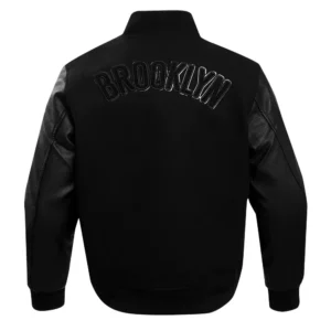 Brooklyn Nets Triple Black Wool and Leather Varsity Jacket 3
