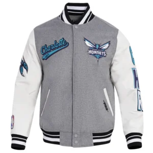 Charlotte Hornets Script Tail Grey Wool Varsity Jacket