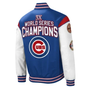 Chicago Cubs 3x World Series Champions Full-Snap BlueWhite Polyester Varsity Jacket 1