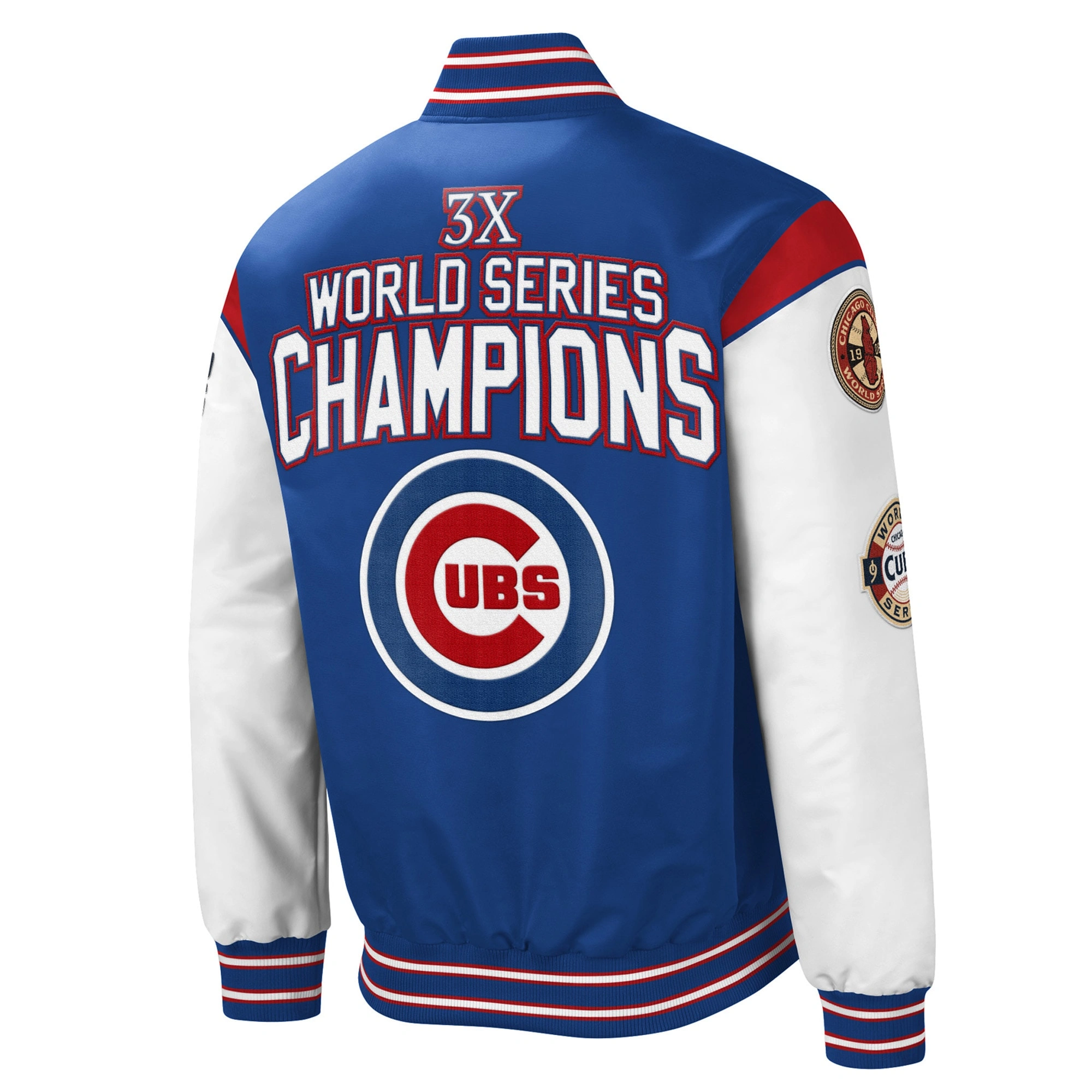 Chicago Cubs 3x World Series Champions Full-Snap BlueWhite Polyester Varsity Jacket 1