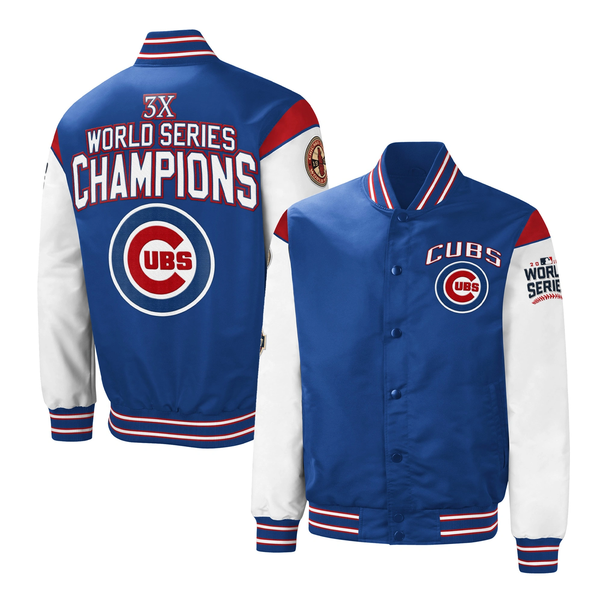 Chicago Cubs 3x World Series Champions Full-Snap BlueWhite Polyester Varsity Jacket 2