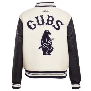 Chicago Cubs Retro Classic Women’s CreamBlack Wool & Leather Varsity Jacket 1