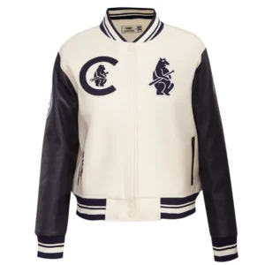 Chicago Cubs Retro Classic Women’s CreamBlack Wool & Leather Varsity Jacket