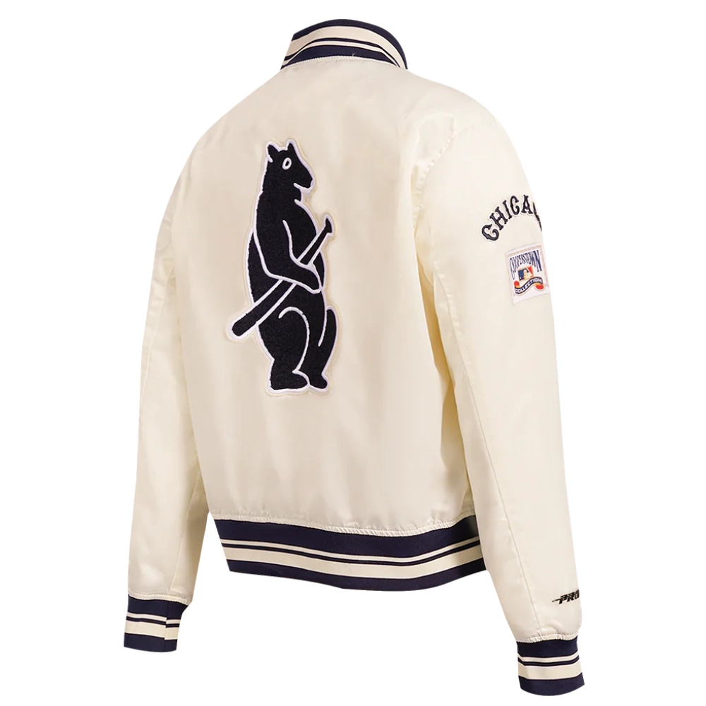 Chicago Cubs Retro Classic Women’s Full-Snap Satin Varsity Cream Jacket 3
