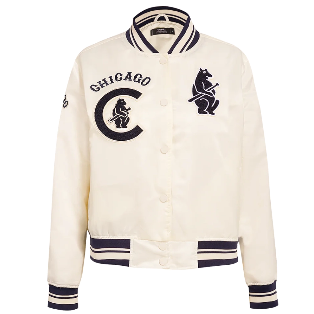 Chicago Cubs Retro Classic Women’s Full-Snap Satin Varsity Cream Jacket