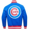 Chicago Cubs Script Tail Rib Knitted Satin Varsity Jacket 1