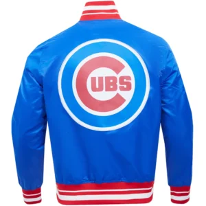Chicago Cubs Script Tail Rib Knitted Satin Varsity Jacket 1