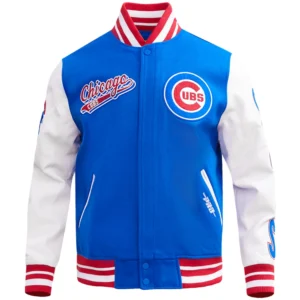 Chicago Cubs Script Tail Rib Knitted Wool & Leather Varsity Jacket