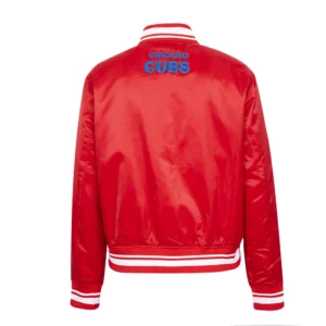 Chicago Cubs Script Tail Women’s Satin Varsity Jacket – Red 1