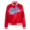 Chicago Cubs Script Tail Women’s Satin Varsity Jacket – Red