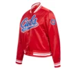 Chicago Cubs Script Tail Women’s Satin Varsity Jacket – Red 2