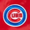 Chicago Cubs Script Tail Women’s Satin Varsity Jacket – Red 3