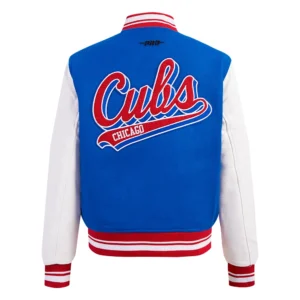 Chicago Cubs Script Tail Women’s Wool & Leather Varsity BlueWhite Jacket 1