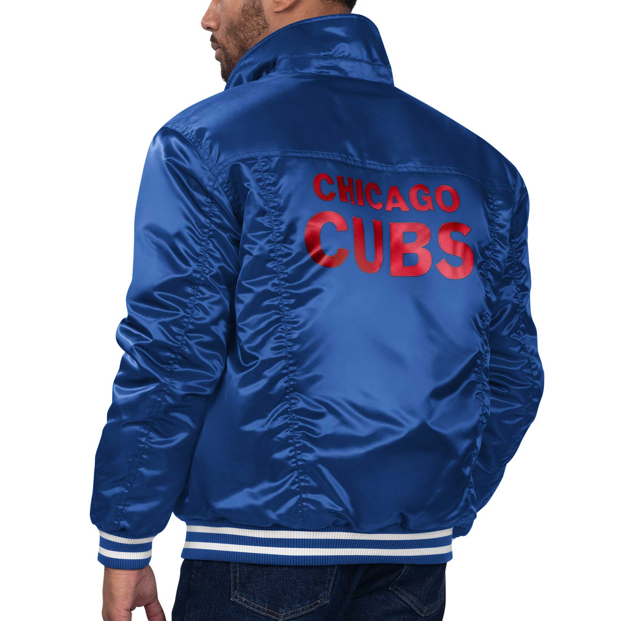 Chicago Cubs Silver Tab Satin Trucker Varsity Jacket – Blue 1