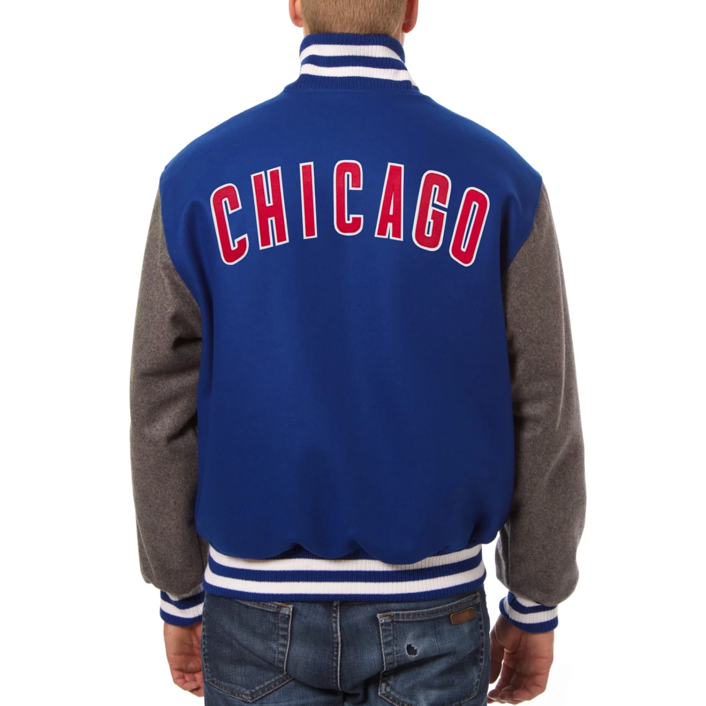 Chicago Cubs Two Tone Embroidered Logo BlueGray Wool Varsity Jacket 1