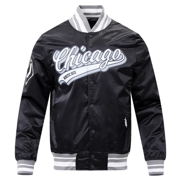 Chicago White Sox Script Tail Men’s Black Satin Varsity Jacket