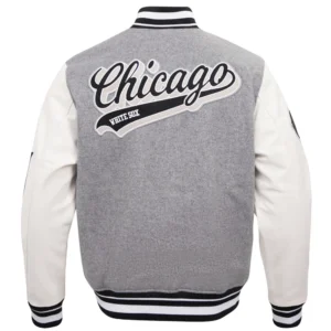 Chicago White Sox Script Tail Wool & Leather GrayWhite Varsity Jacket 1