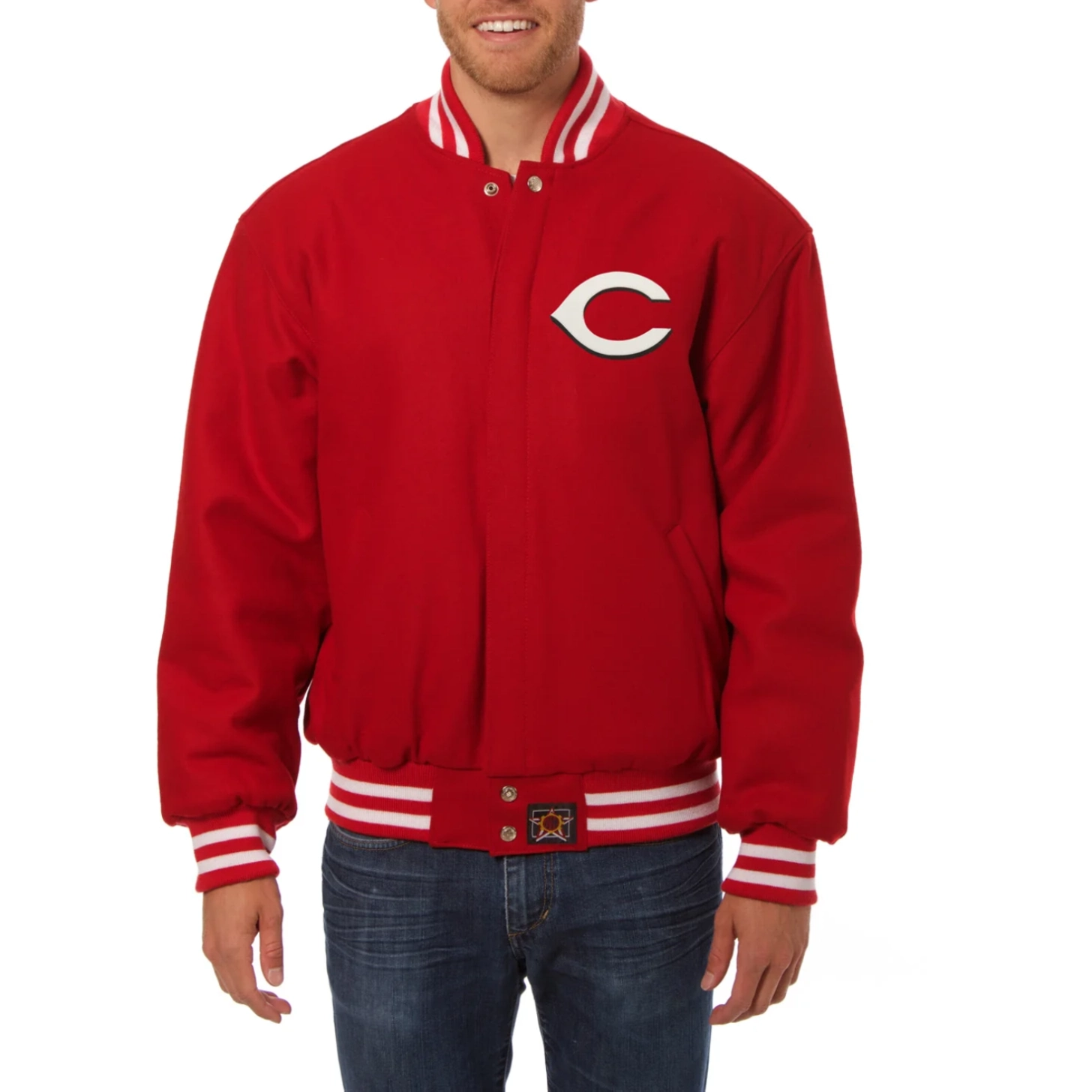 Cincinnati Reds One Color Handcrafted Logo Wool Varsity Jacket – Red