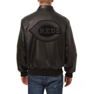 Cincinnati Reds Shirt Collar Full Leather Black Bomber Varsity Jacket 1