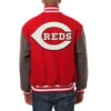 Cincinnati Reds Two Tone Handcrafted Logo RedGray Wool Varsity Jacket 1