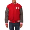 Cincinnati Reds Two Tone Handcrafted Logo RedGray Wool Varsity Jacket