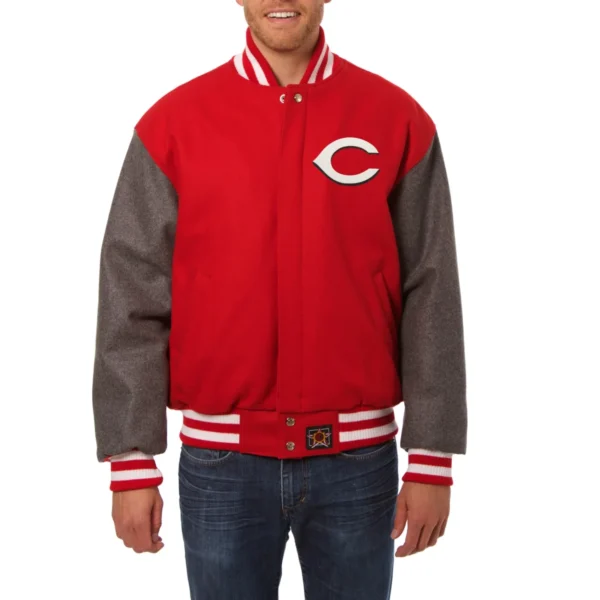 Cincinnati Reds Two Tone Handcrafted Logo RedGray Wool Varsity Jacket
