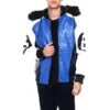 Classic Eight Ball Men's Color Block Blue and White Faux Fur Hooded Bomber Leather Jacket