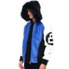 Classic Eight Ball Men's Color Block Blue and White Faux Fur Hooded Bomber Real Leather Jacket