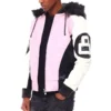 Classic Eight Ball Men's Color Block Light Pink and White Faux Fur Hooded Bomber Leather Jacket