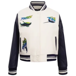 Classic Women’s Tampa Bay Rays Retro Full-Snap White and Black Varsity Jacket