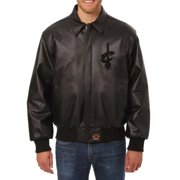 Cleveland Cavaliers Shirt Collar Full Black Leather Bomber Varsity Jacket