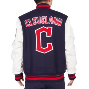 Cleveland Guardians Retro Classic Rib Knitted Wool & Faux Leather Varsity Jacket 1