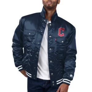 Cleveland Guardians Team Players Real Navy Satin Trucker Jacket