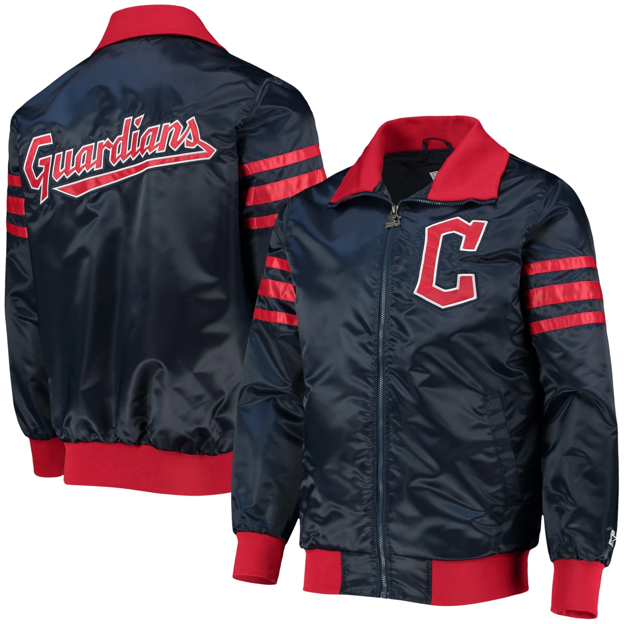 Cleveland Guardians The Captain II Full-Zip Satin Varsity Navy Jacket 2
