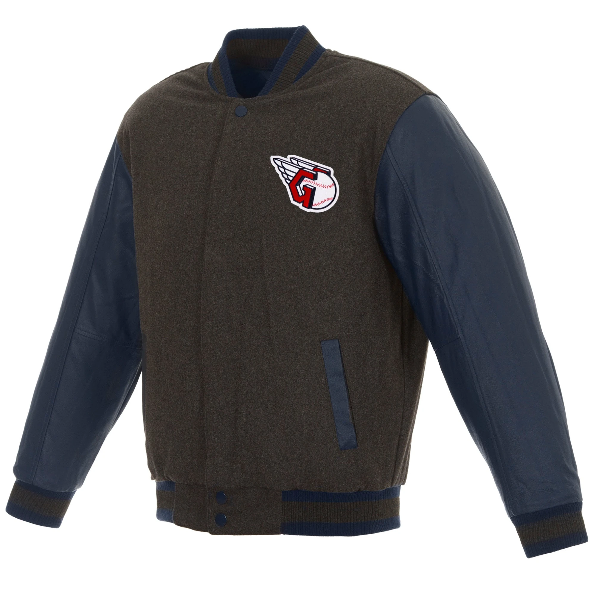 Cleveland Guardians Two Tone Wool & Leather Varsity Jacket Charcoal & Navy