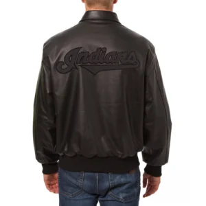 Cleveland Indians Shirt Collar Black Leather Varsity Jacket 1