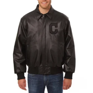 Cleveland Indians Shirt Collar Black Leather Varsity Jacket