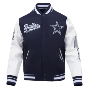 Dallas Cowboys Script Tail White and Navy Blue Varsity Jacket