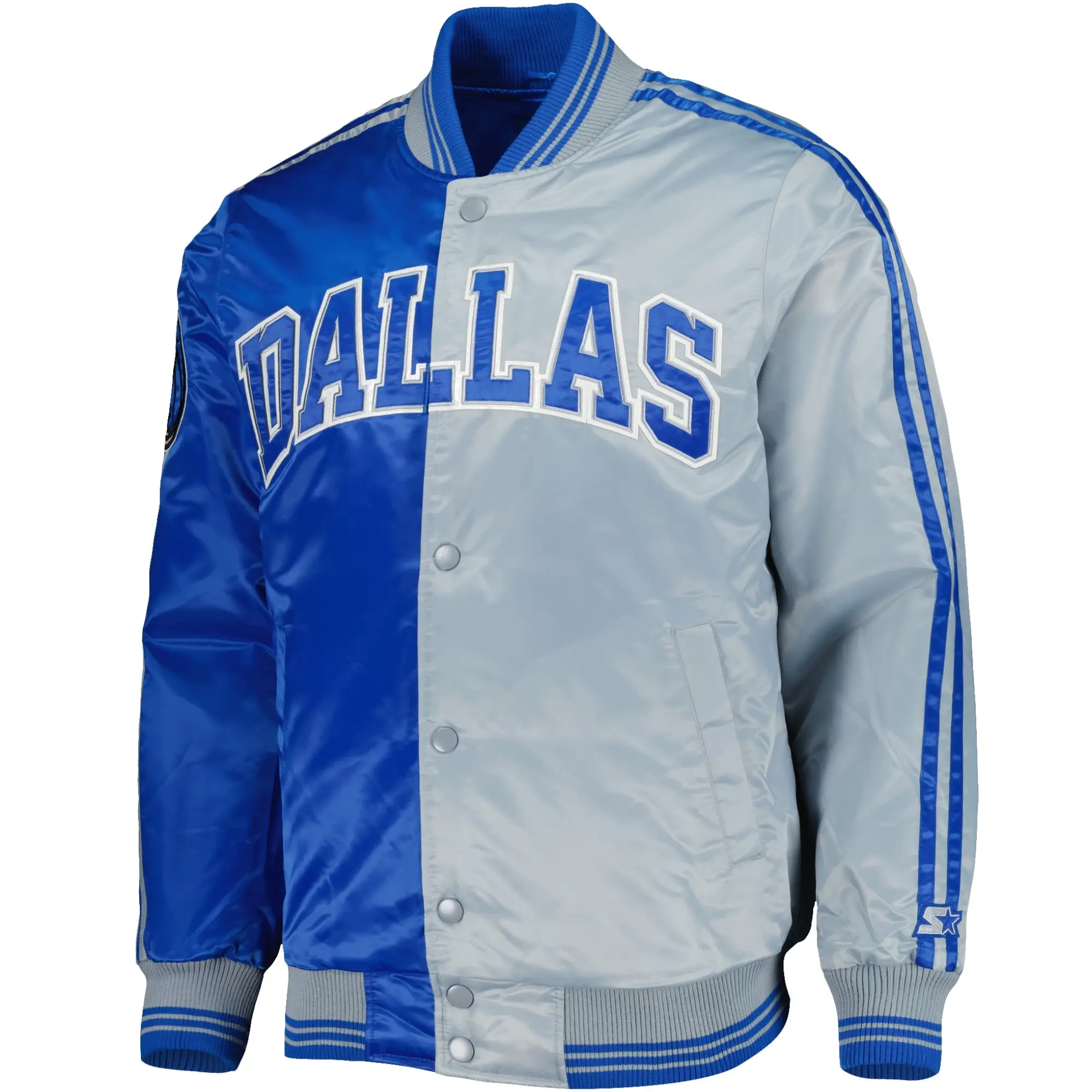 Dallas Mavericks Fast Break Satin Varsity Royal Blue and Gray Jacket