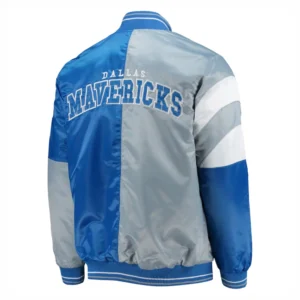 Dallas Mavericks Leader Gray and Blue Satin Varsity Jacket 1