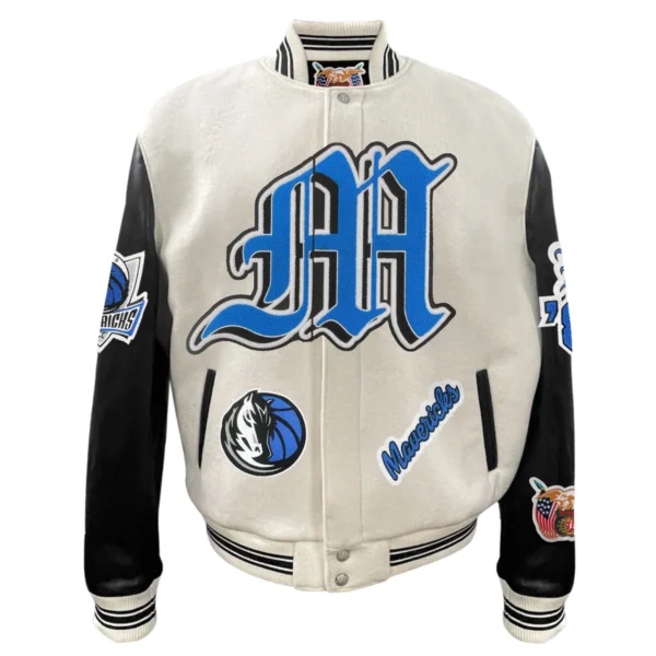 Dallas Mavericks Old English Wool & Leather Varsity Jacket Off White and Black