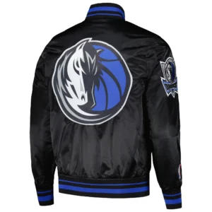 Dallas Mavericks Script Tail Black Satin Varsity Jacket 1